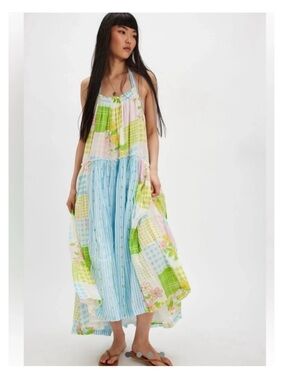 Free People Patchwork Maxi Dress in Pastel Blue & Green